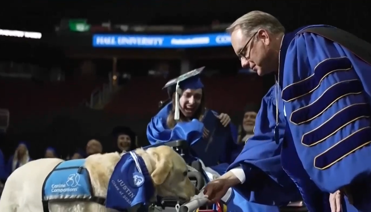 Кучето водач Джъстин получи диплома за завършено образование в университета Сетън