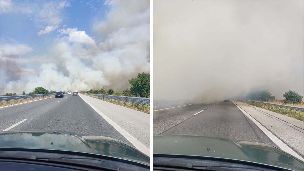 Голям пожар бушува на магистрала Тракия“ в близост до разклона